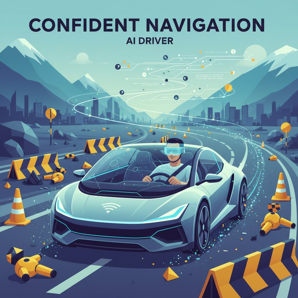 Stylized graphic of a driver confidently navigating a road lined with crash test markers.