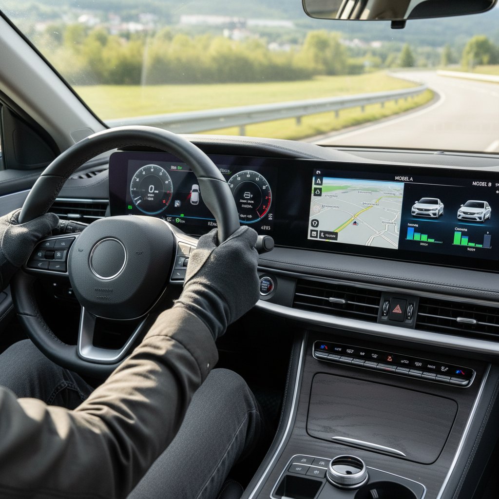 Close-up of hands gripping steering wheel and dashboard details during test drive