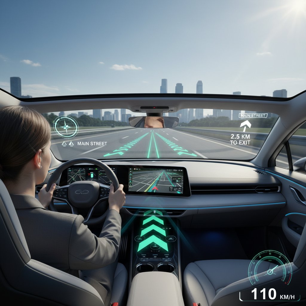 Augmented reality navigation in a modern car, driver interacting with AR windshield overlay