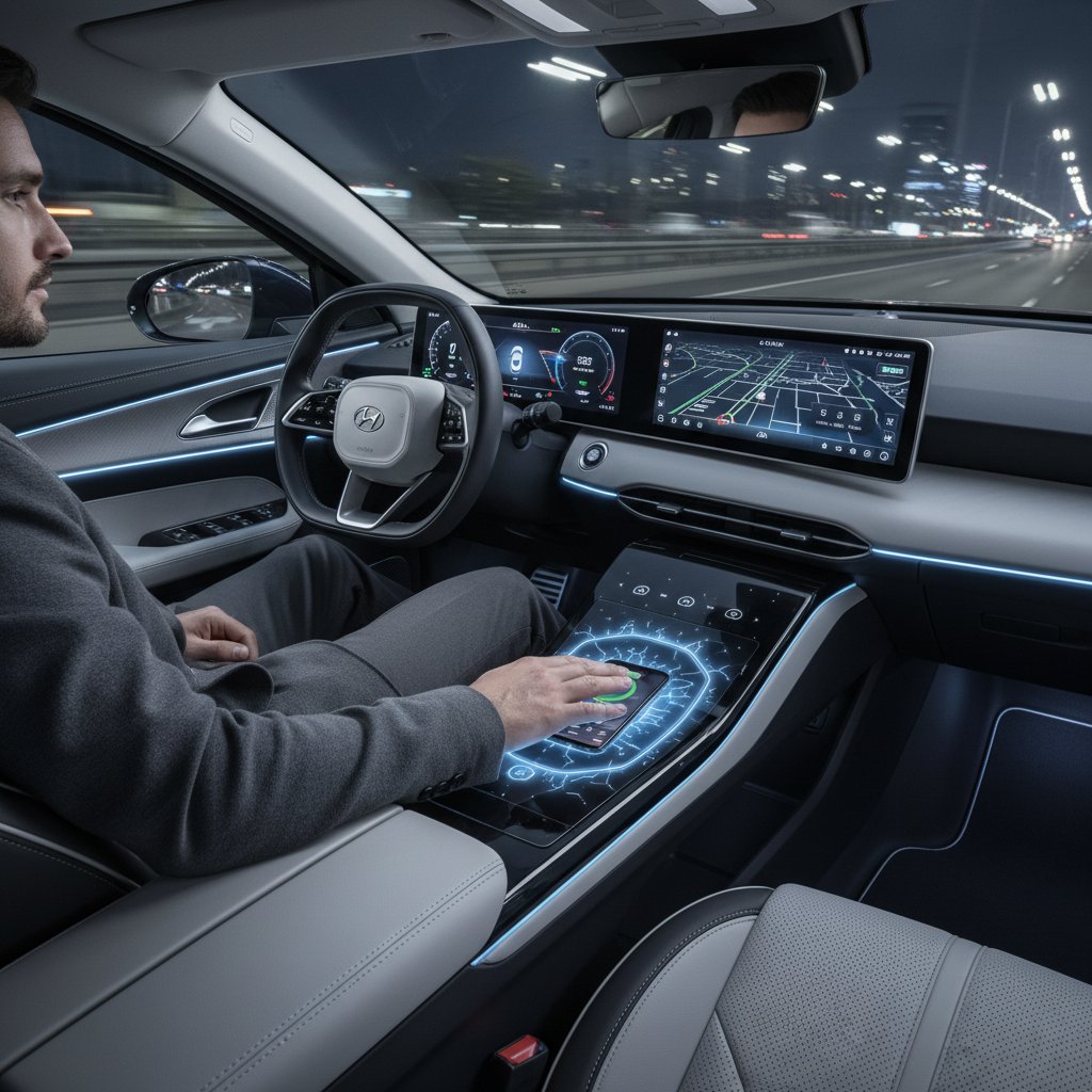 Driver using in-car wireless charging pad while driving, focused and modern