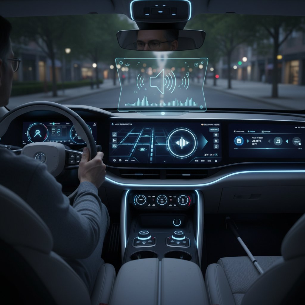 Driver with visual impairment using voice controls, modern car dashboard, accessible technology