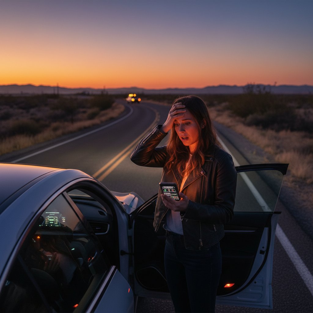 Candid shot of driver discovering warning light during extended test drive, roadside at dusk