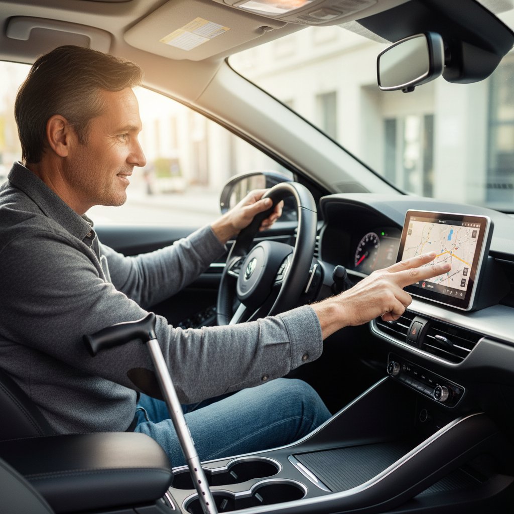 Car user with mobility aid interacting with infotainment screen, highlighting accessibility of modern car tech
