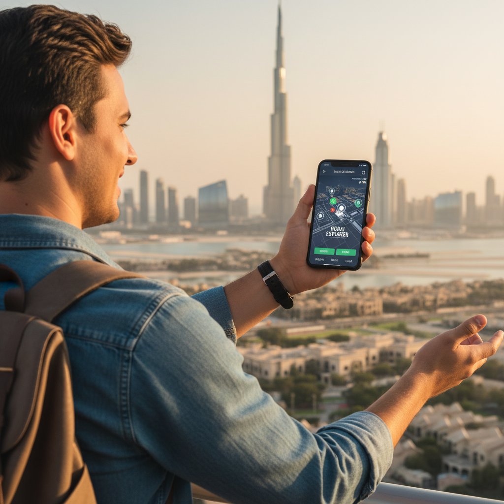 Młody podróżnik korzystający z aplikacji smart travel na tle panoramy Dubaju