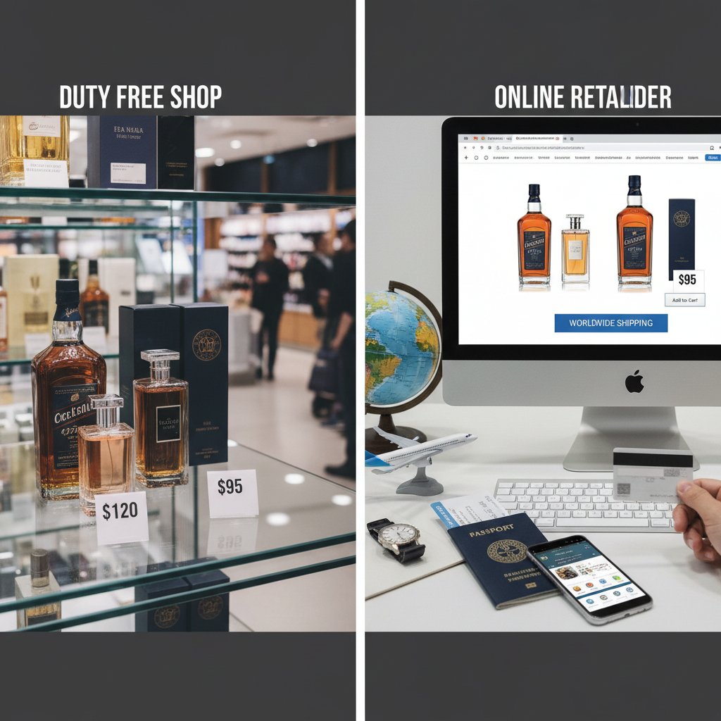 Zbliżenie na etykietę ceny w sklepie duty free, podkreślające różnicę w stosunku do cen online