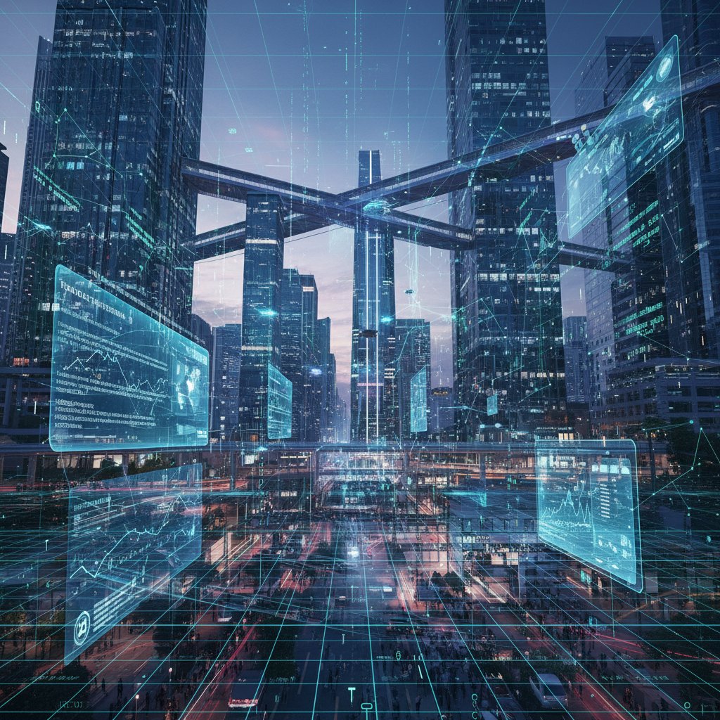 Dynamiczna scena miejska z nakładkami danych CGM, symbol integracji technologii z życiem