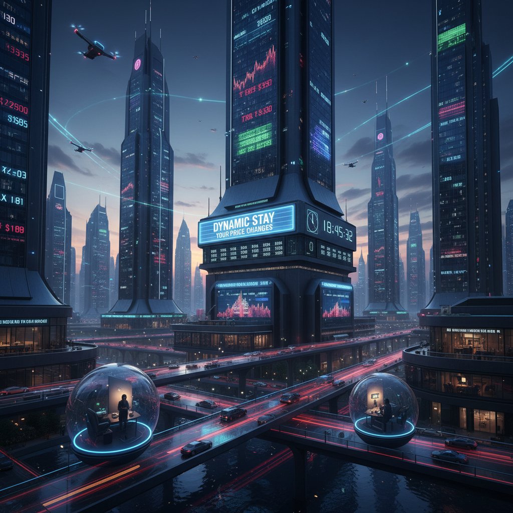 Fluctuating prices for week long stays in different cities, digital clock over cityscape at dusk