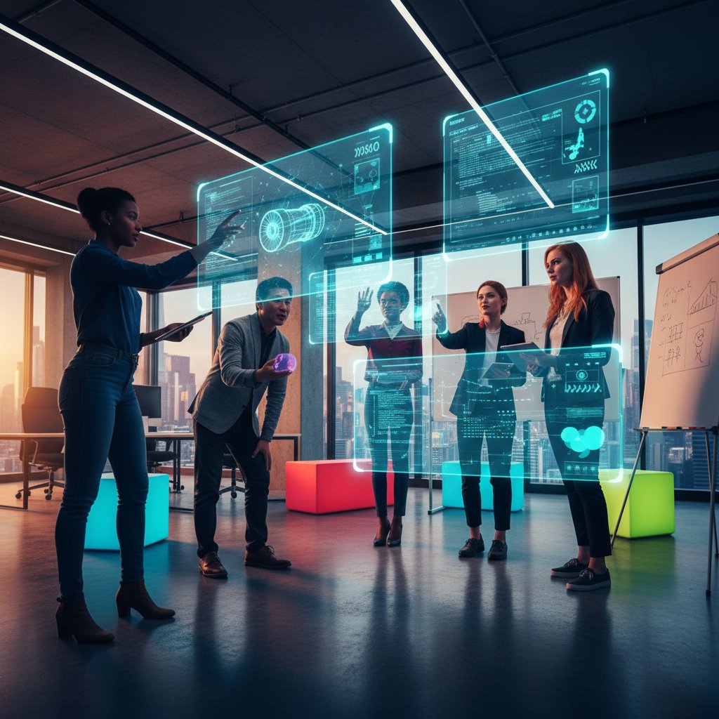 Zespół inżynierów analizujących hologramy AI w nowoczesnym biurze, słowa kluczowe: ai engineers holographic interfaces modern office