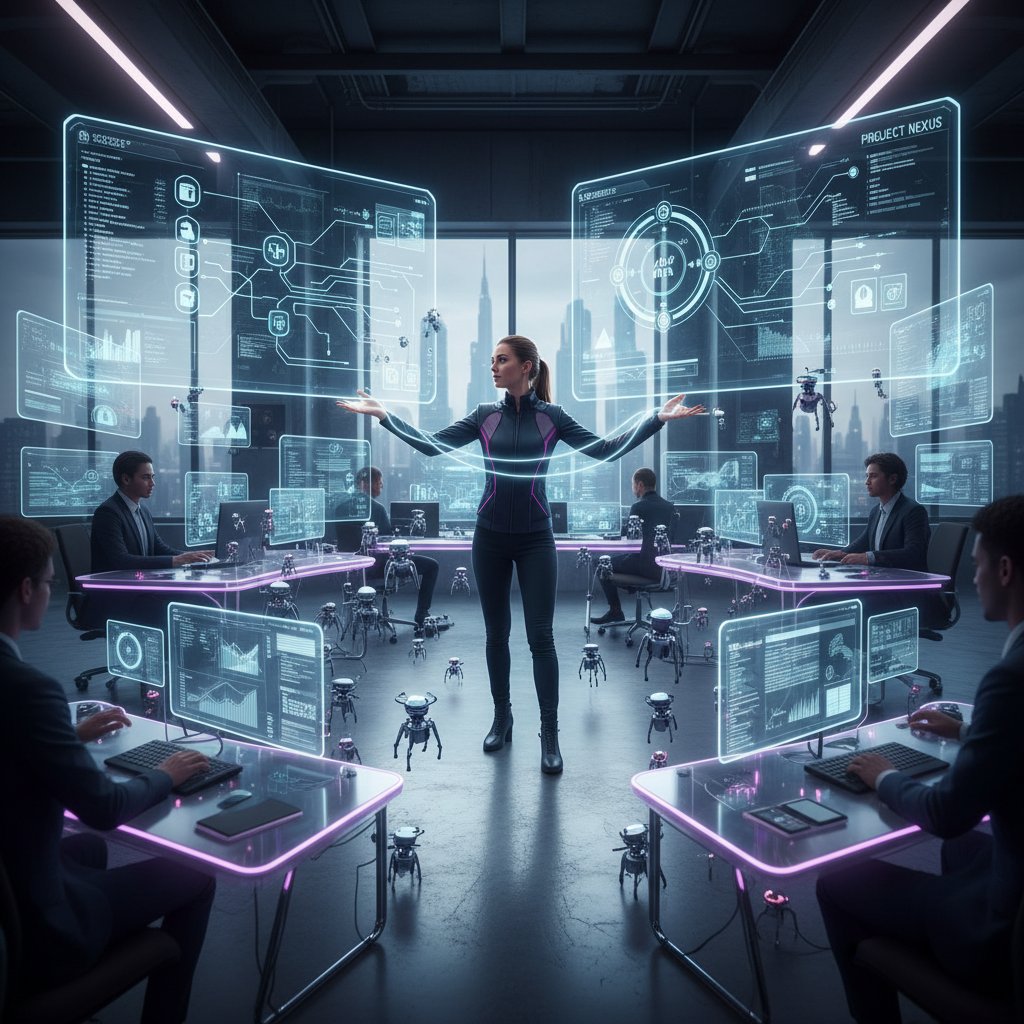 Dynamic workspace photo showing human orchestrating multiple digital assistants for complex workflows