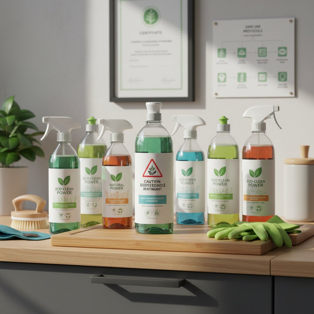 Eco-friendly cleaning products beside chemical bottles, questioning which offers true safety and compliance