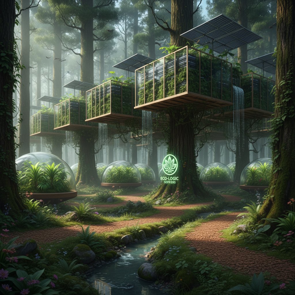 Juxtaposition of a lush forest and server racks, provoking questions about the true eco-impact of document digitization