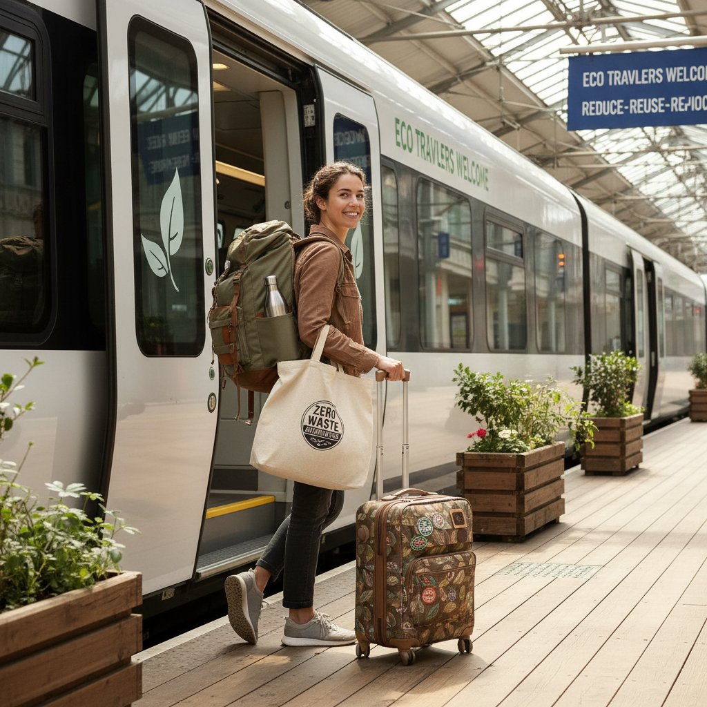 Traveler with reusable bottle and eco-friendly luggage boarding train, practicing holistic zero waste travel