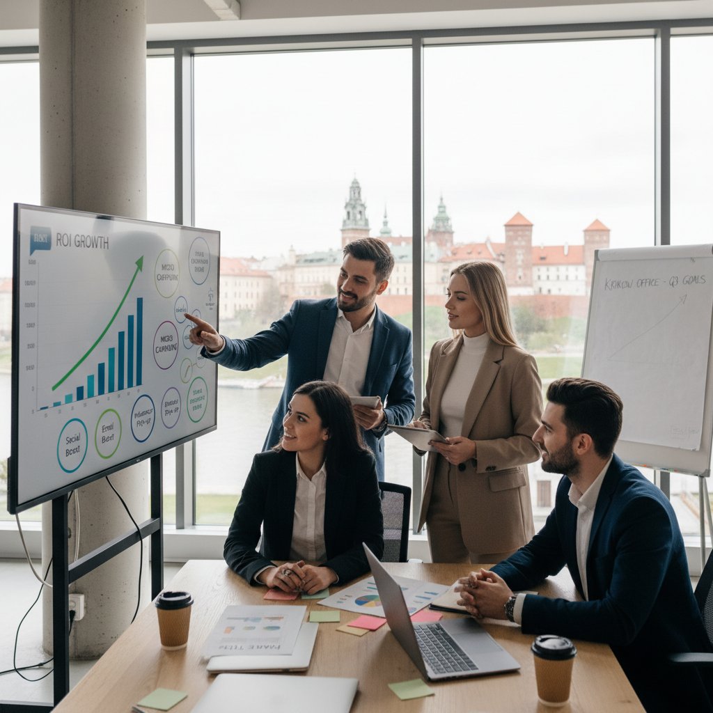 Zespół ecommerce testujący mikro-kampanie, ekran z danymi wzrostu ROI
