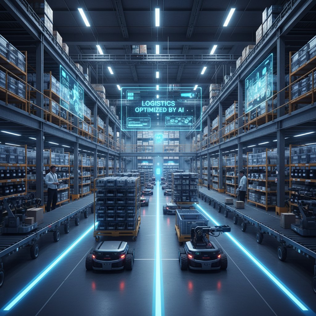 Magazyn e-commerce z robotami i botami AI zarządzającymi logistyką