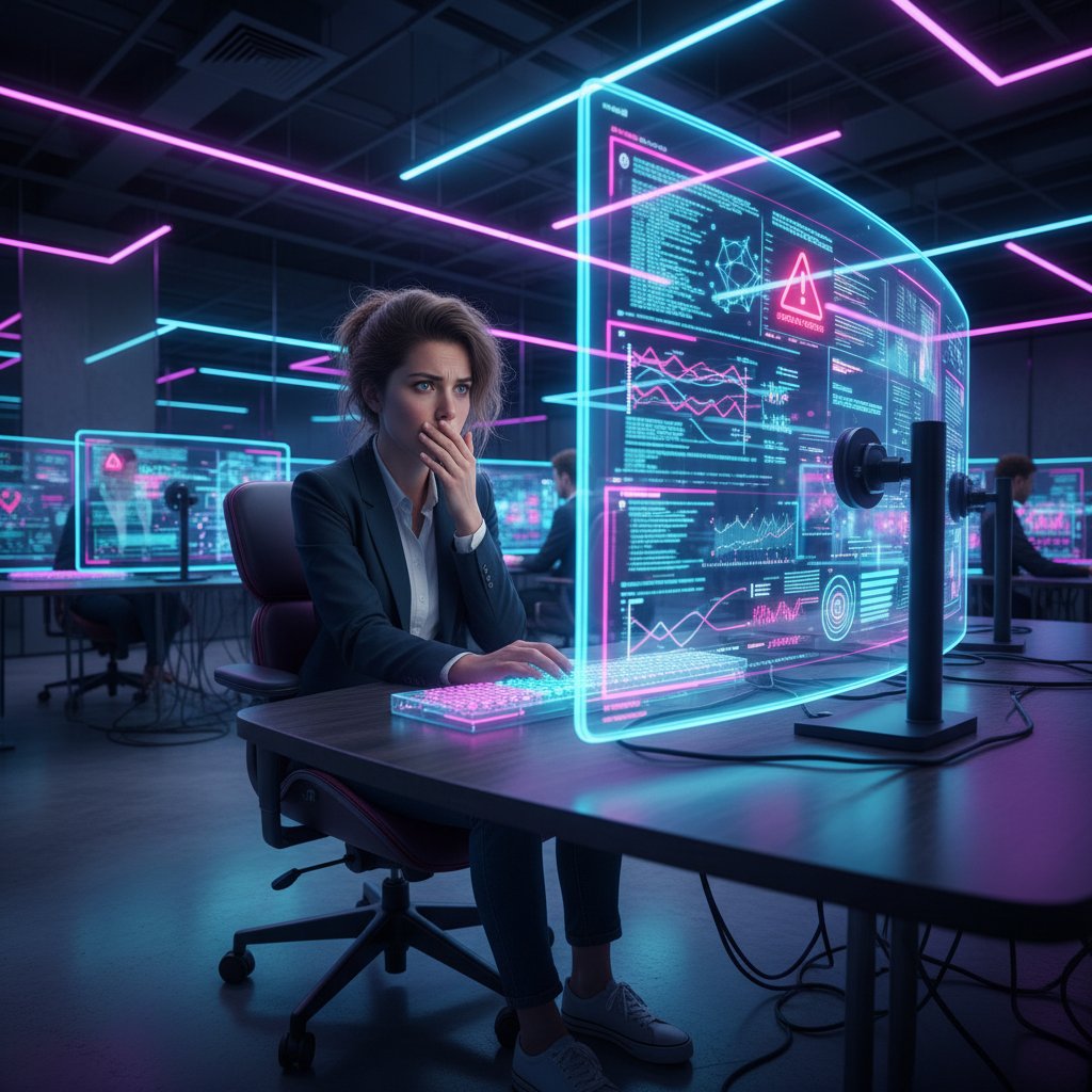 Analityk przy nowoczesnych dashboardach AI, przepracowanie technologią, neonowe światło, polskie biuro