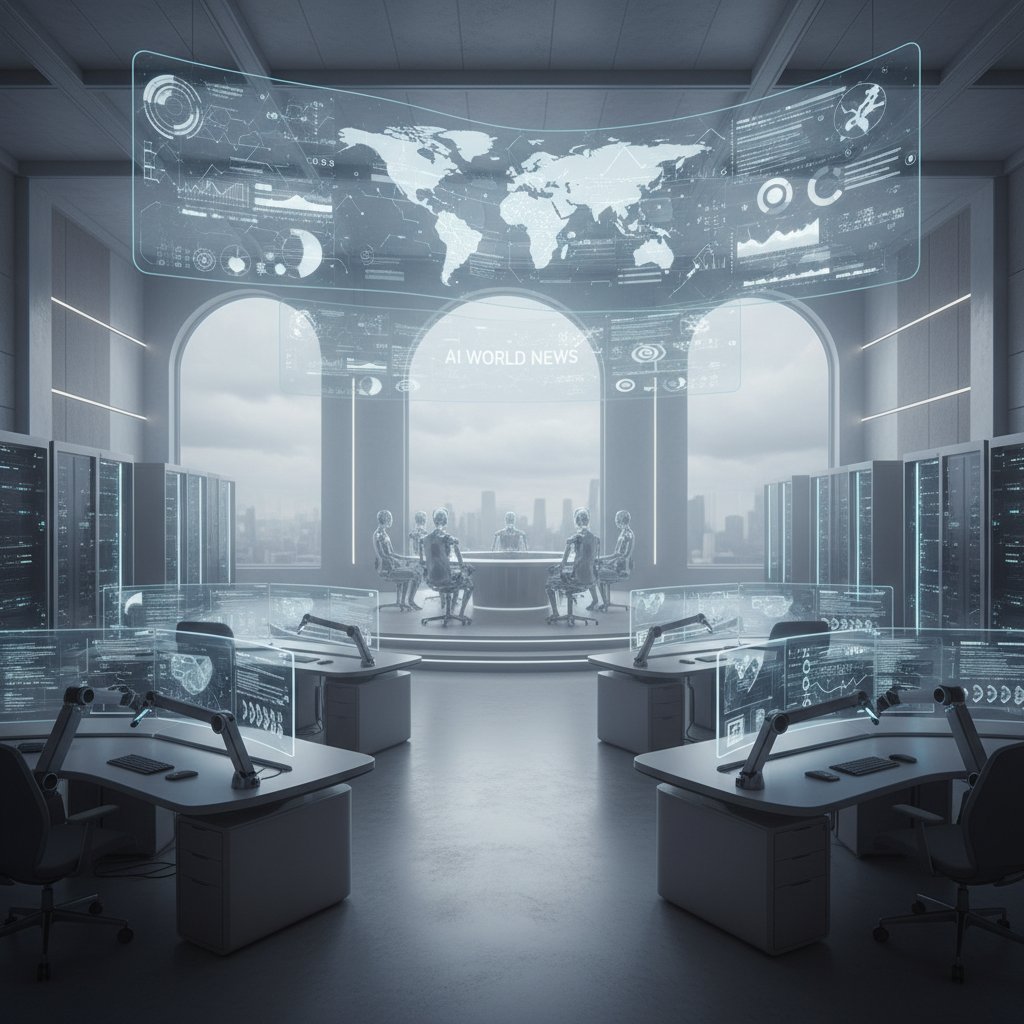 Editorial photo of traditional newsroom morphing into digital AI-driven newsroom, surreal symbolic muted colors