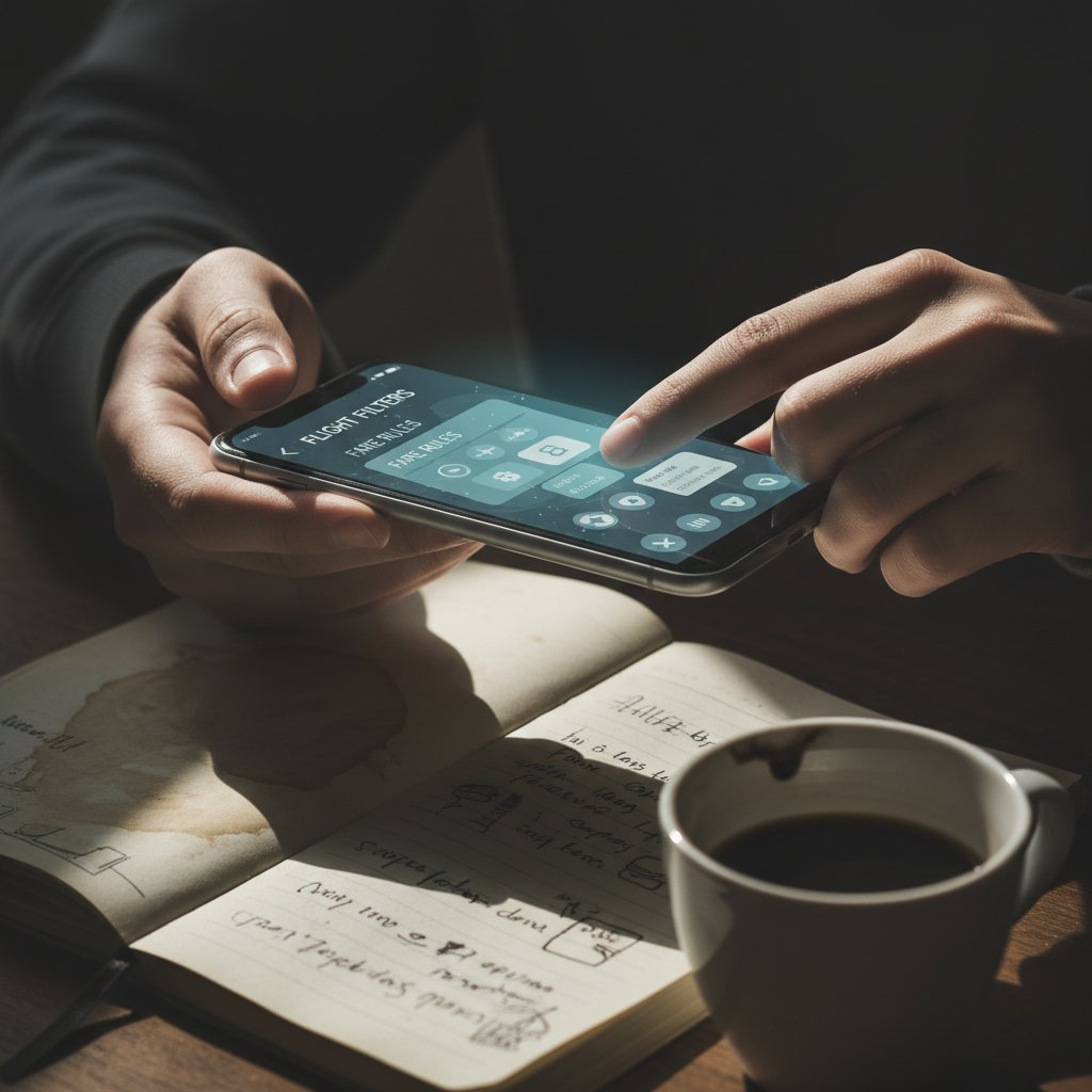 Telefon z filtrami metawyszukiwarki lotów i notatkami do porównania