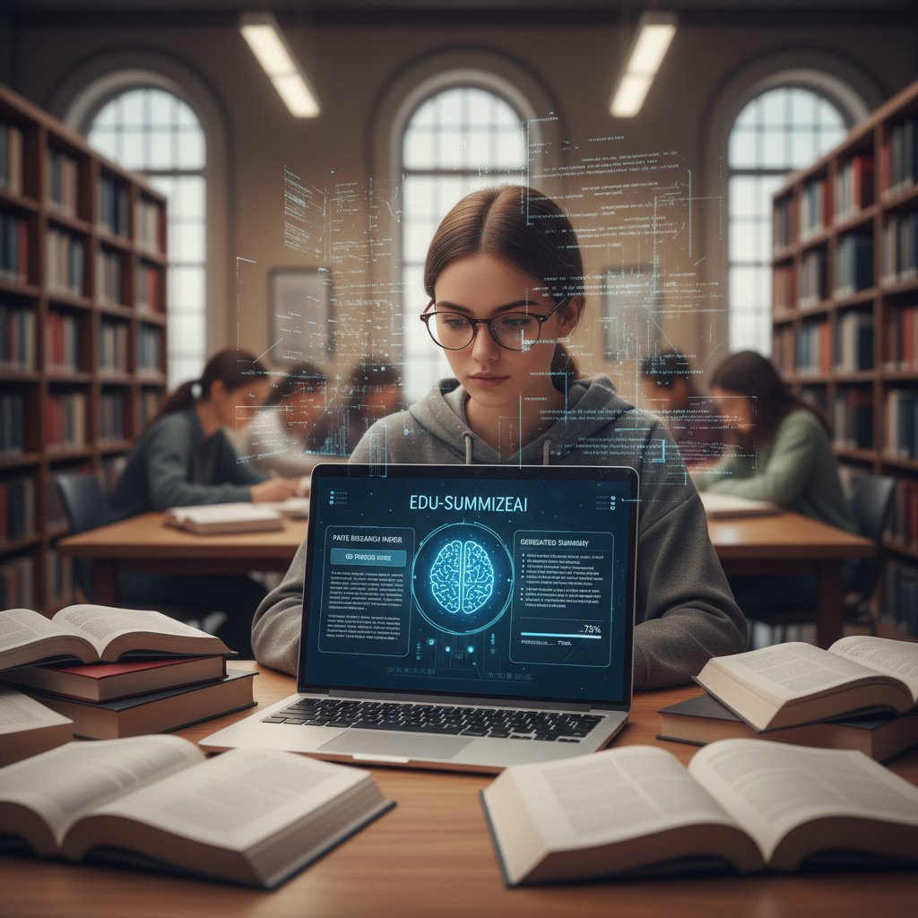 Student using AI summarizer in a library, digital screen displaying key points from academic text