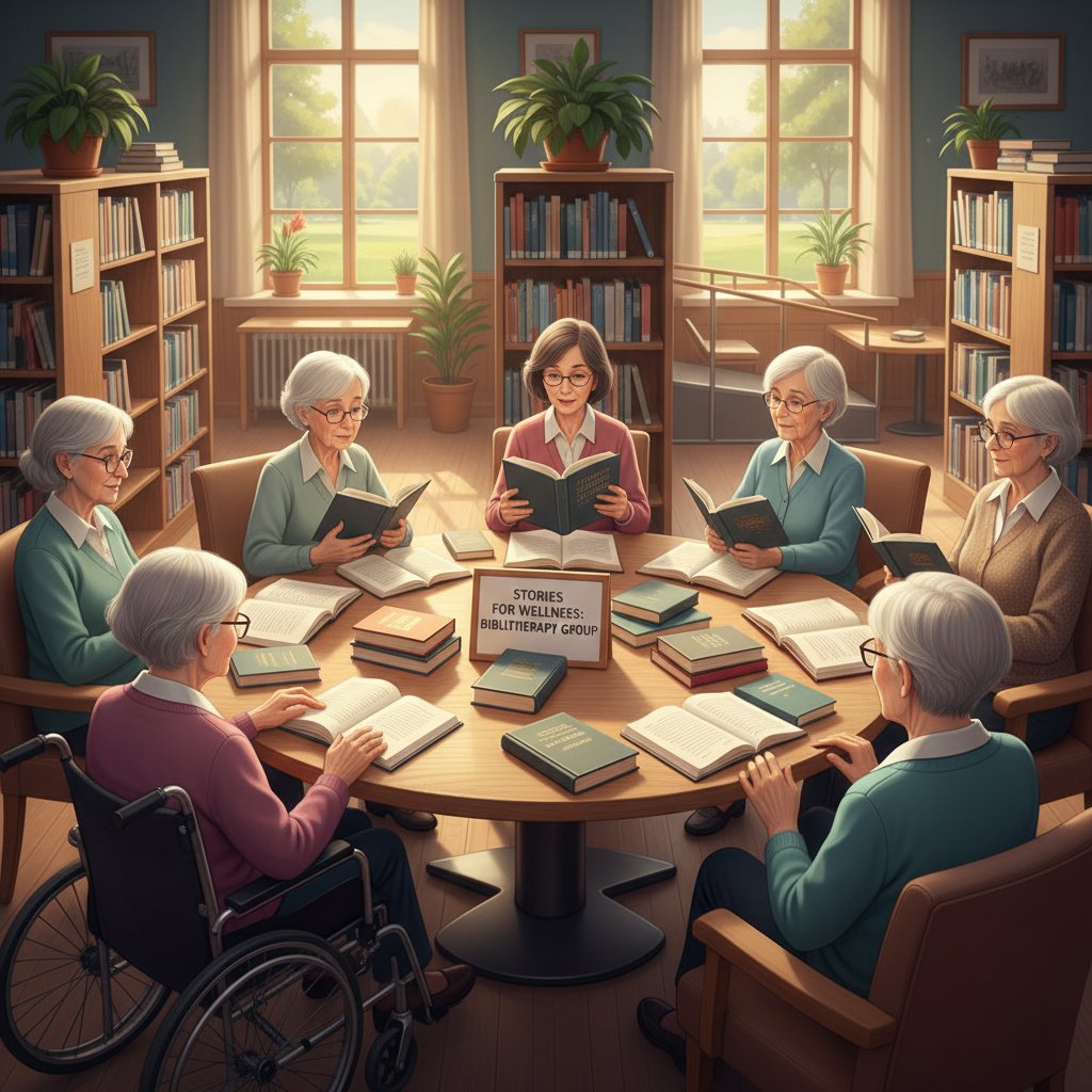 Seniorzy i osoby niepełnosprawne podczas grupowej sesji biblioterapii w bibliotece