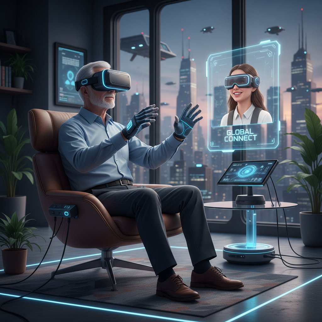 Starszy mężczyzna korzysta z okularów VR, nowoczesne technologie a komunikacja seniorów