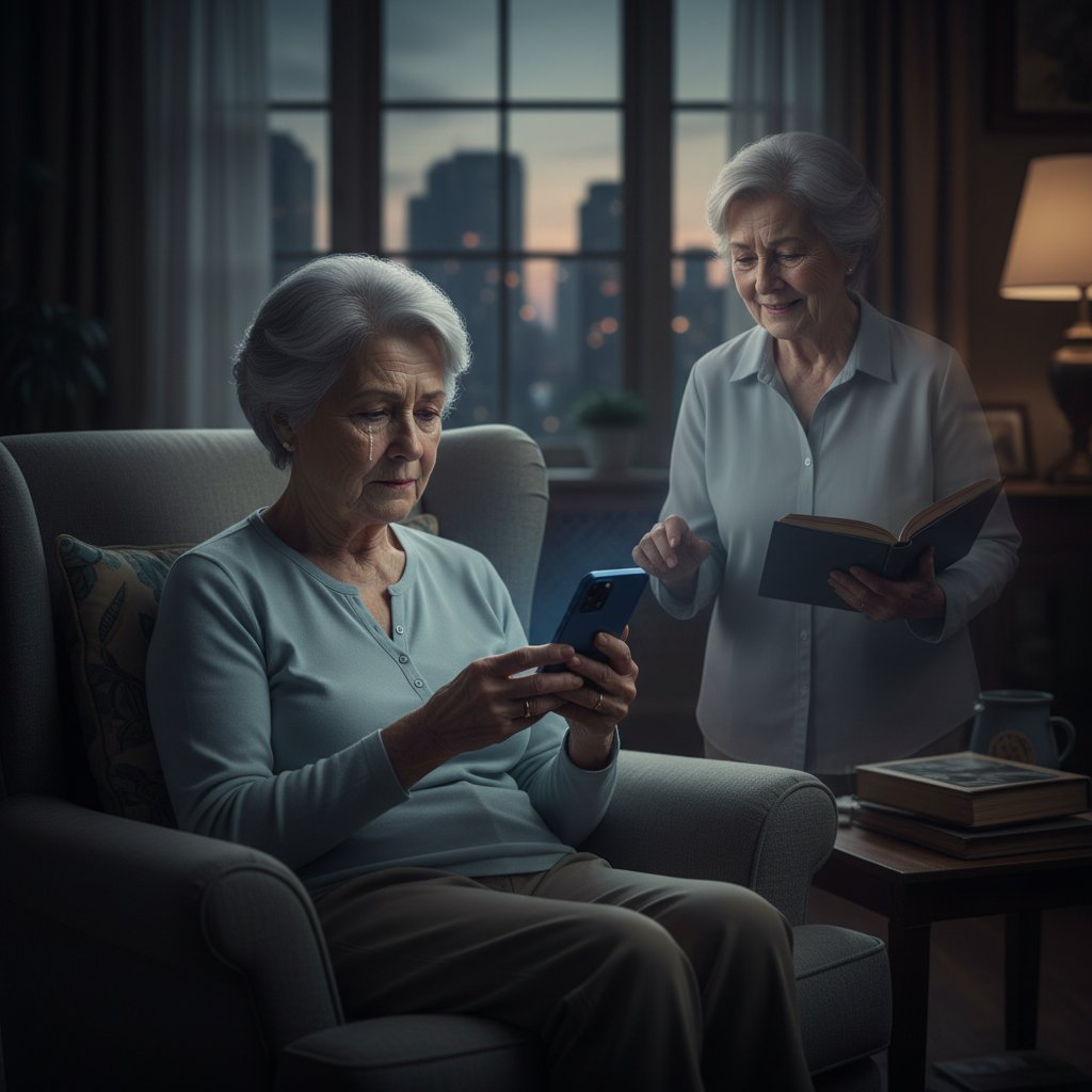 Elderly person sitting alone with a smartphone, evoking a sense of digital loneliness and the need for companionship