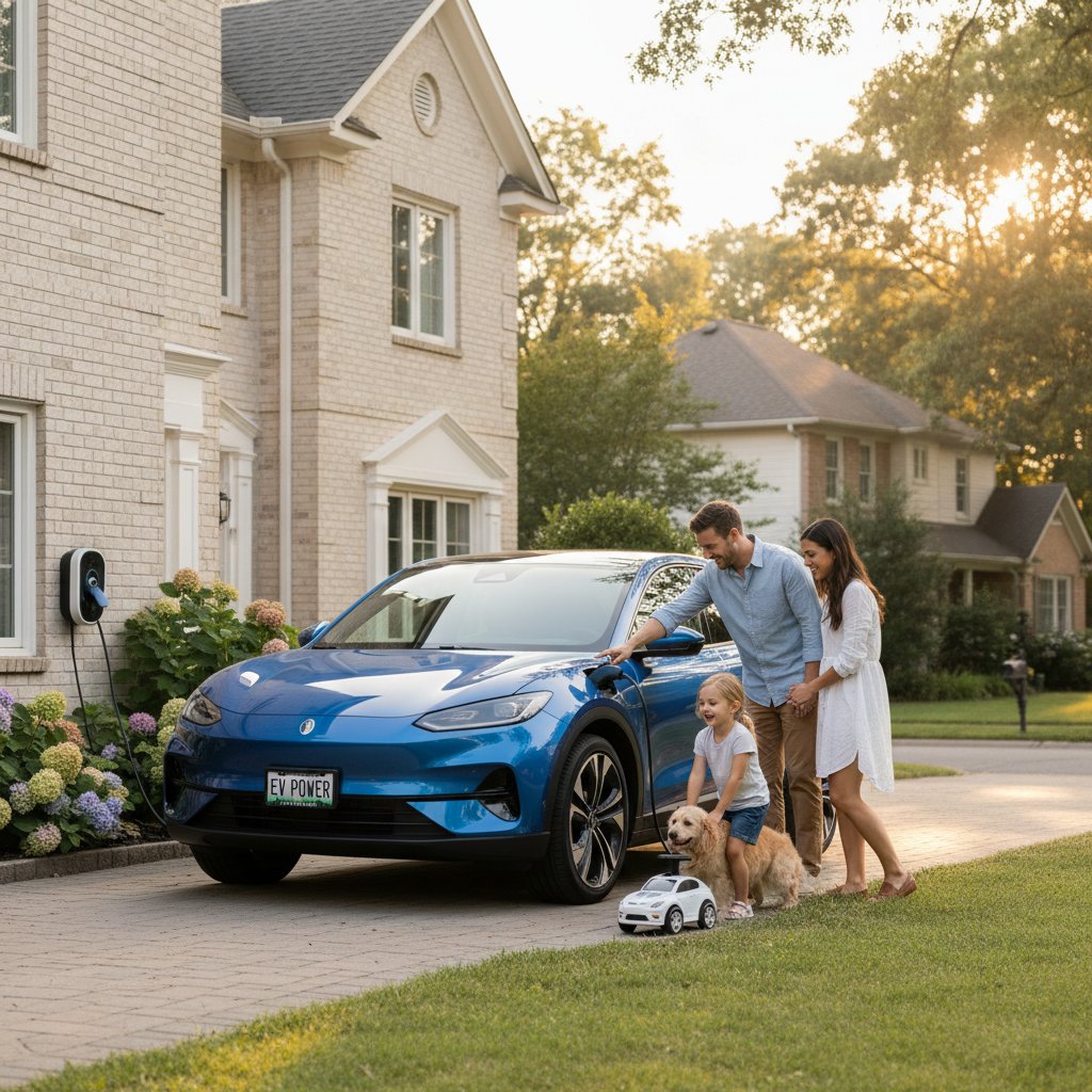 Small electric car charging in suburban driveway with child playing, highlighting EV practicality for small families