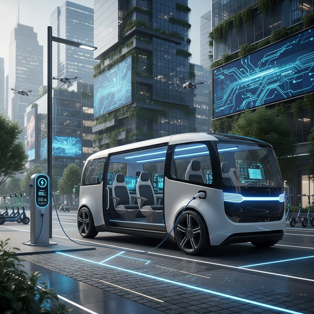 Electric mobility van charging at urban station, with ramp visible and modern tech details