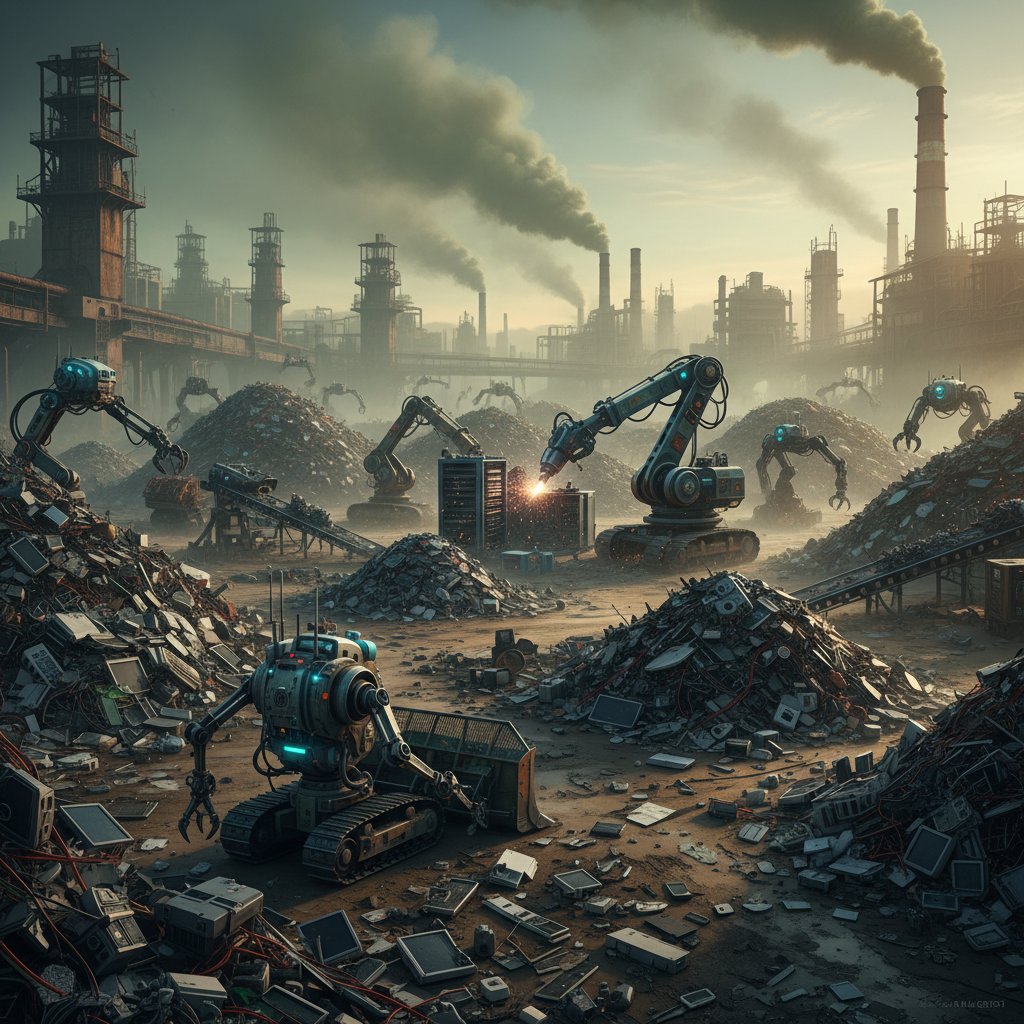 Składowisko zużytych części elektronicznych i robotów, klimat: ponury, industrialny. Słowa kluczowe: odpady elektroniczne, środowisko, robotyzacja