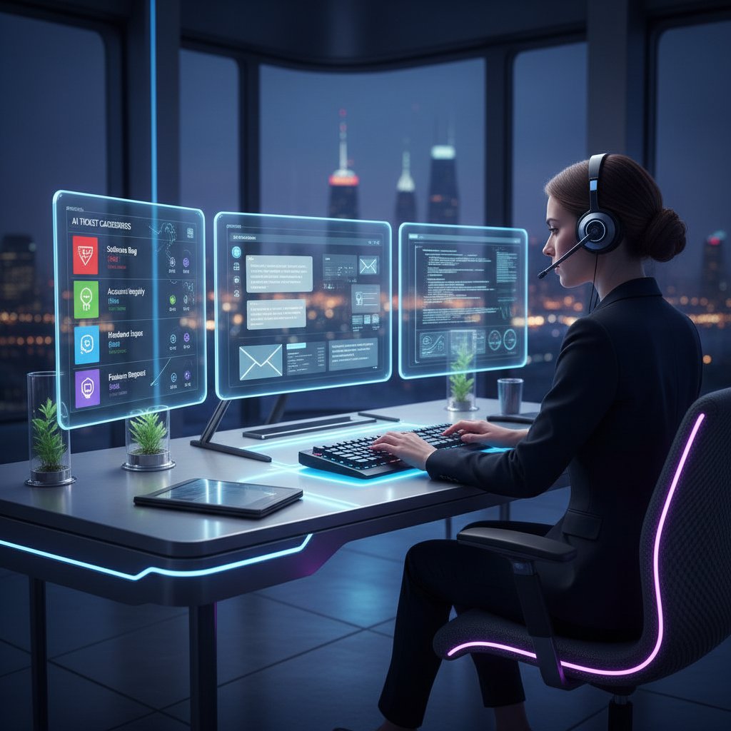 Email support agent working at a high-tech desk, AI overlays highlighting ticket categories and urgent flags