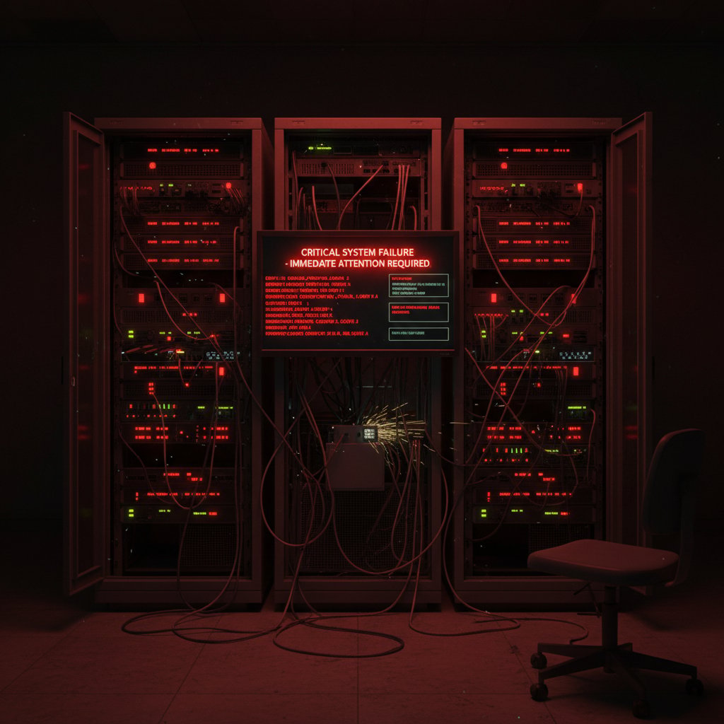Emergency system server rack displaying error warnings and red lights, highlighting cybersecurity concerns in emergency technology