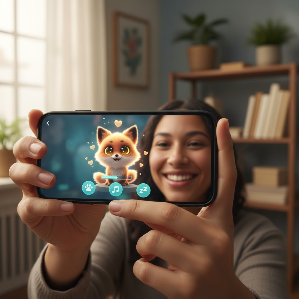 Nahaufnahme Smartphone mit Hund-Avatar, Person lächelt, emotionale Verbindung, Keywords: emotion--virtual-pet--smartphone