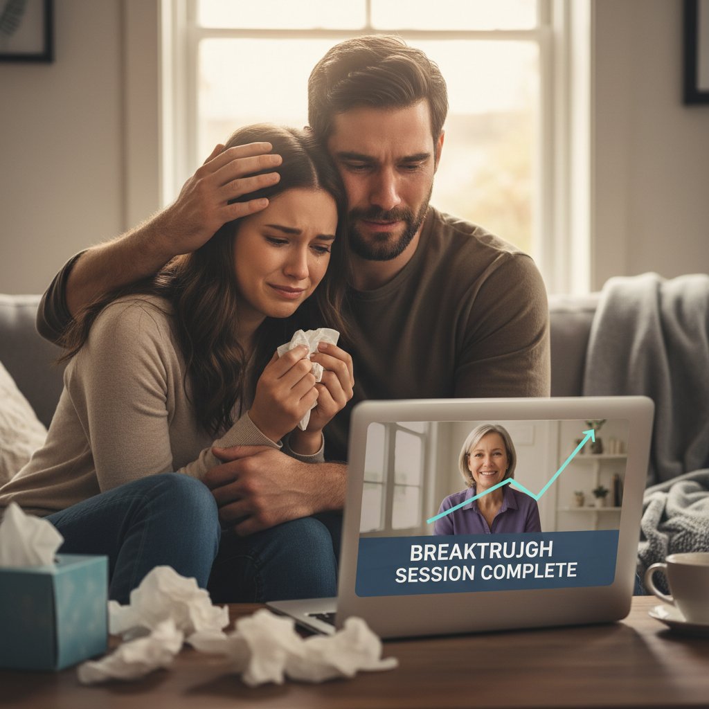 Photo: couple sitting together, one wiping tears, laptop open—emotional therapy breakthrough
