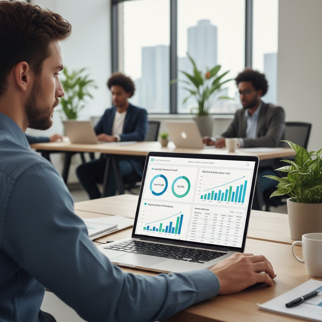 Pracownik analizujący dane na ekranie laptopa, na którym widać dashboard z KPI