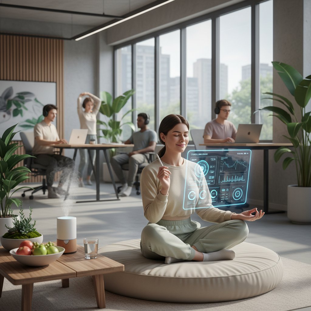 Kolaż: pracownik korzystający z nowoczesnej technologii, elementy mindfulness i zdrowego stylu pracy