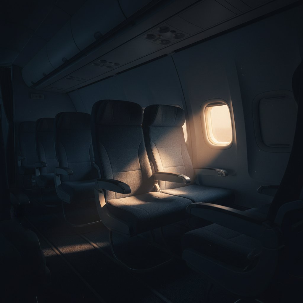 Single empty airplane seat under dramatic spotlight in dark cabin, moody travel scene, symbolic of last unsold ticket, 16:9