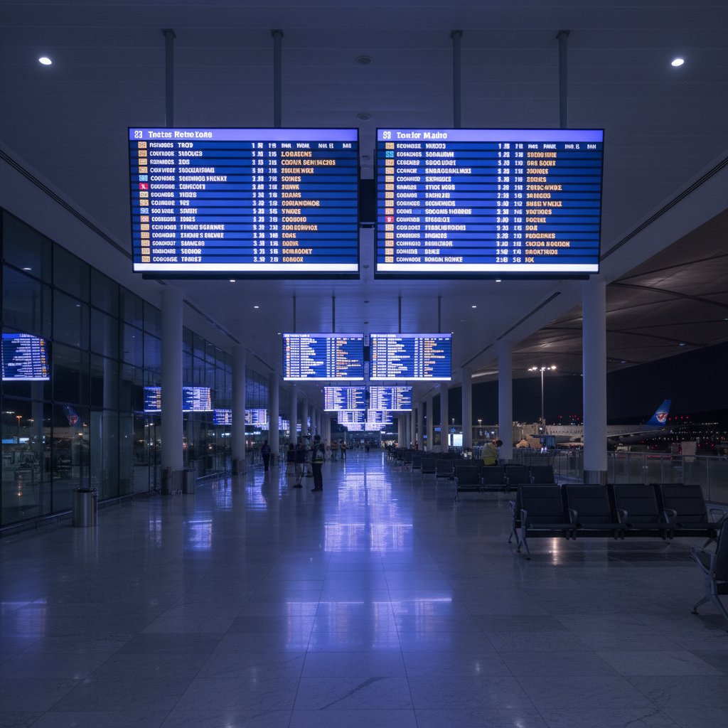 Empty airport terminal at night with glowing LED flight boards, somber mood, flight comparison theme