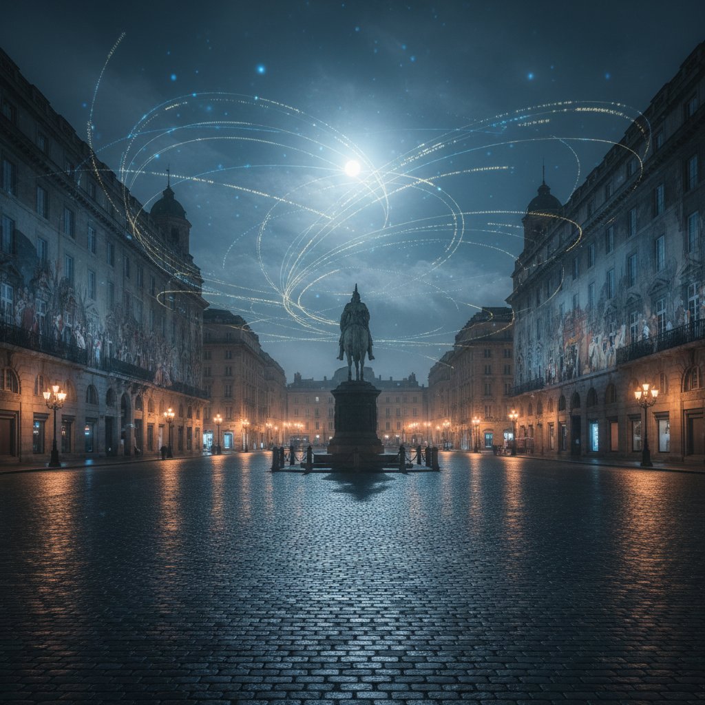 Kontrastowe zdjęcie pustego rynku nocą – symbol pamięci zbiorowej, blokady energetyczne