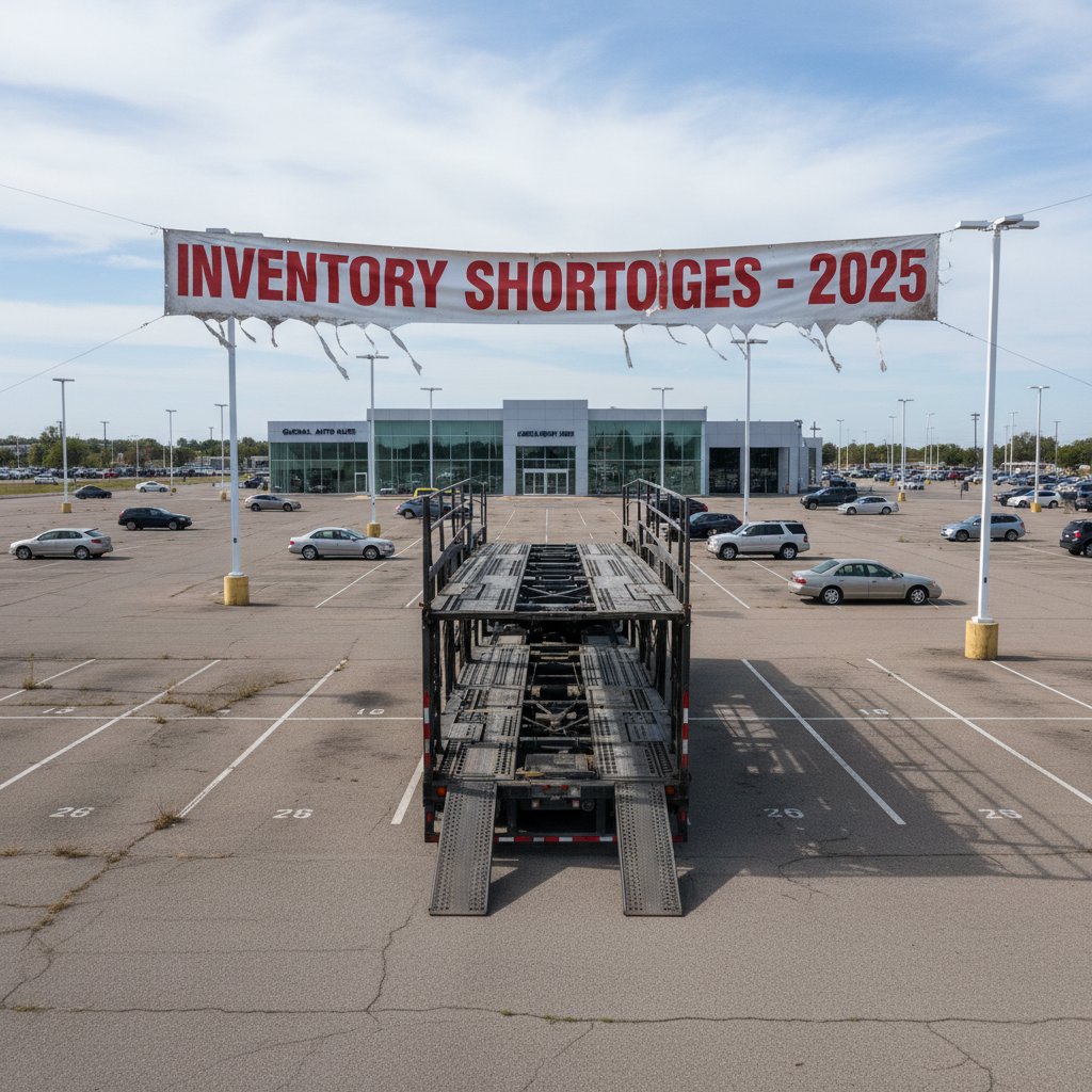 Photo of empty dealership lot with car carriers on highway, representing dealer trades inventory shortages in 2025