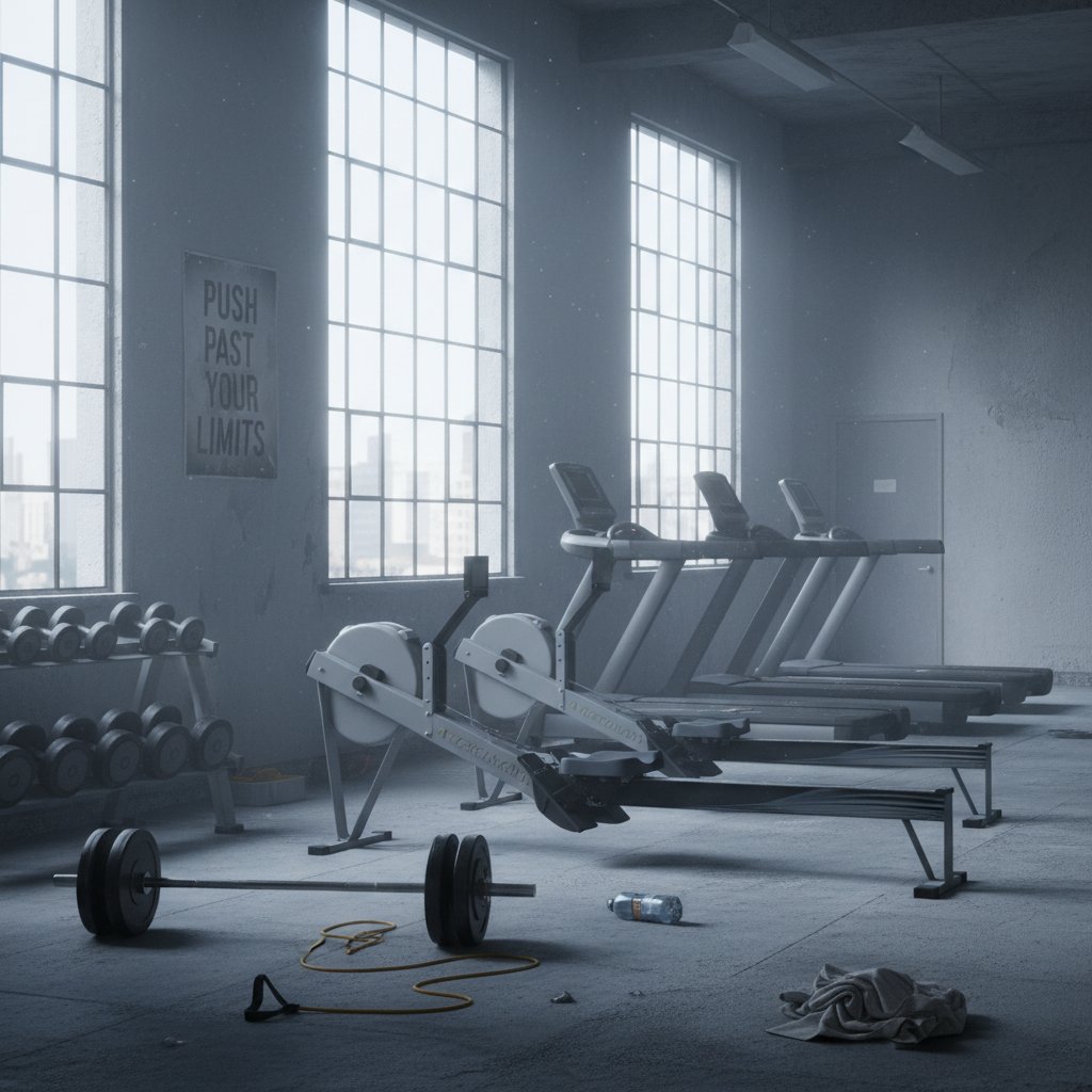 Sala fitness z pustymi stanowiskami, symbolizująca wypalenie i przesyt aktywnością