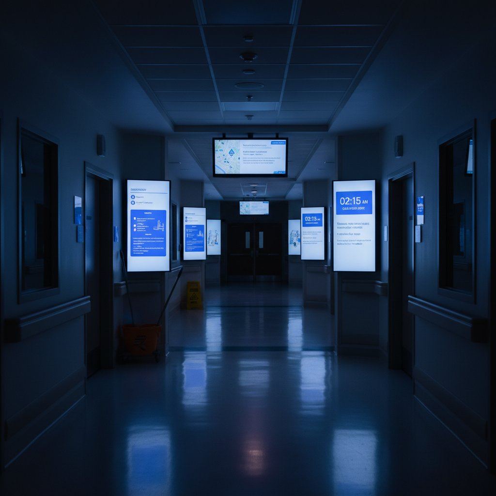 Szpitalny korytarz nocą podczas pandemii – pustka i technologia