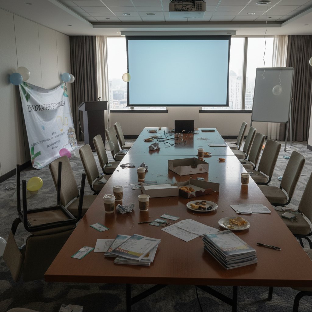 Empty hotel conference room after a failed event, abandoned coffee cups and scattered documents