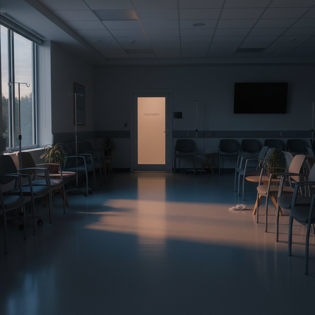 Pusta poczekalnia oddziału onkologii w szpitalu, symbolizująca skalę epidemii raka płuc w Polsce