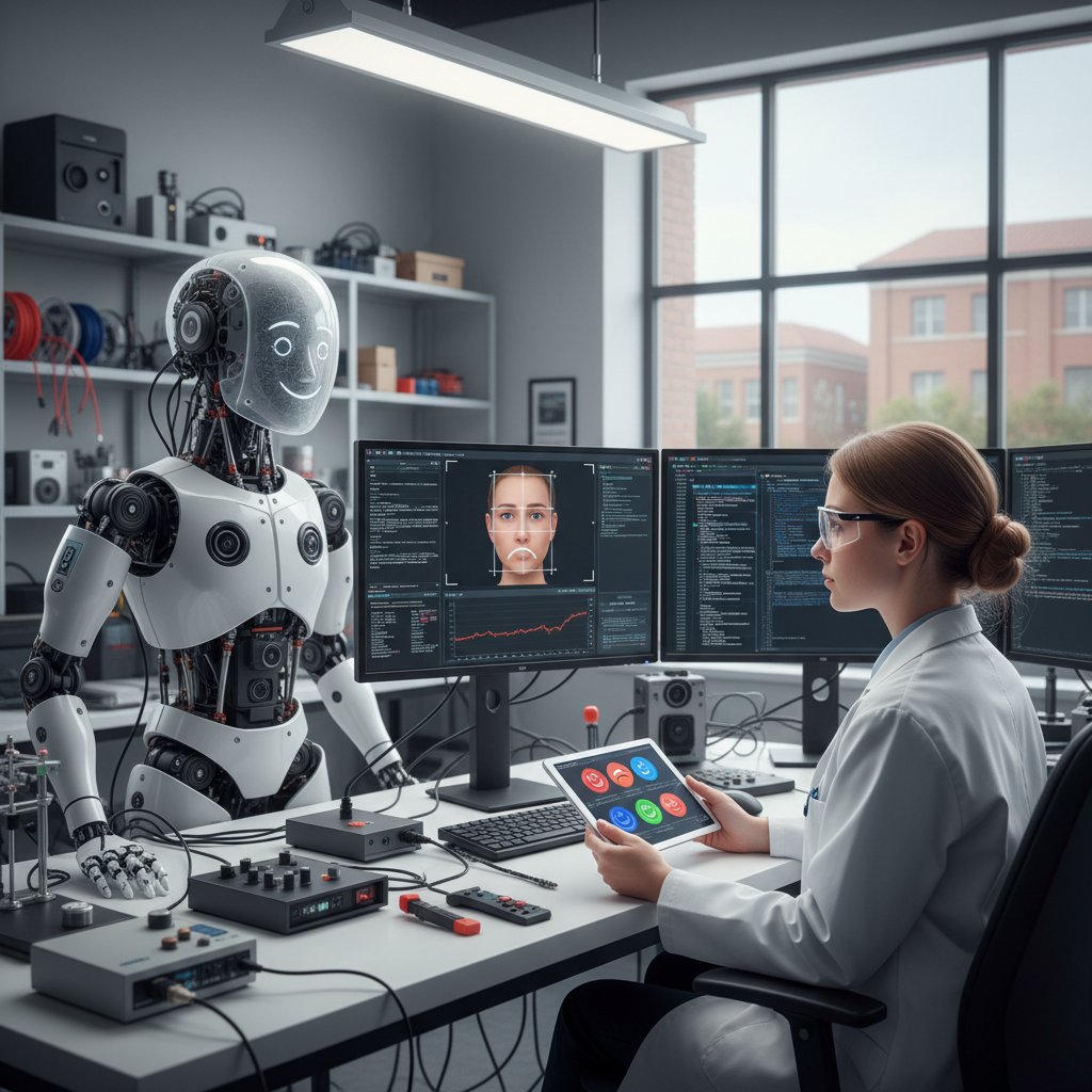 Inżynier testujący robota analizującego ludzkie emocje