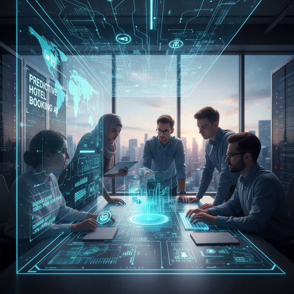 Team of engineers collaborating on advanced AI interface for predictive hotel booking technology