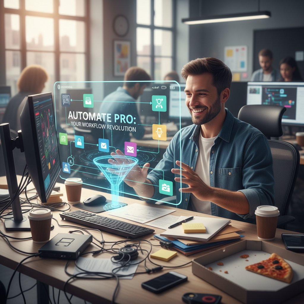Enthusiastic worker launching workflow automation software for the first time, surrounded by a cluttered desk and digital devices, symbolizing the excitement and mess of digital transformation