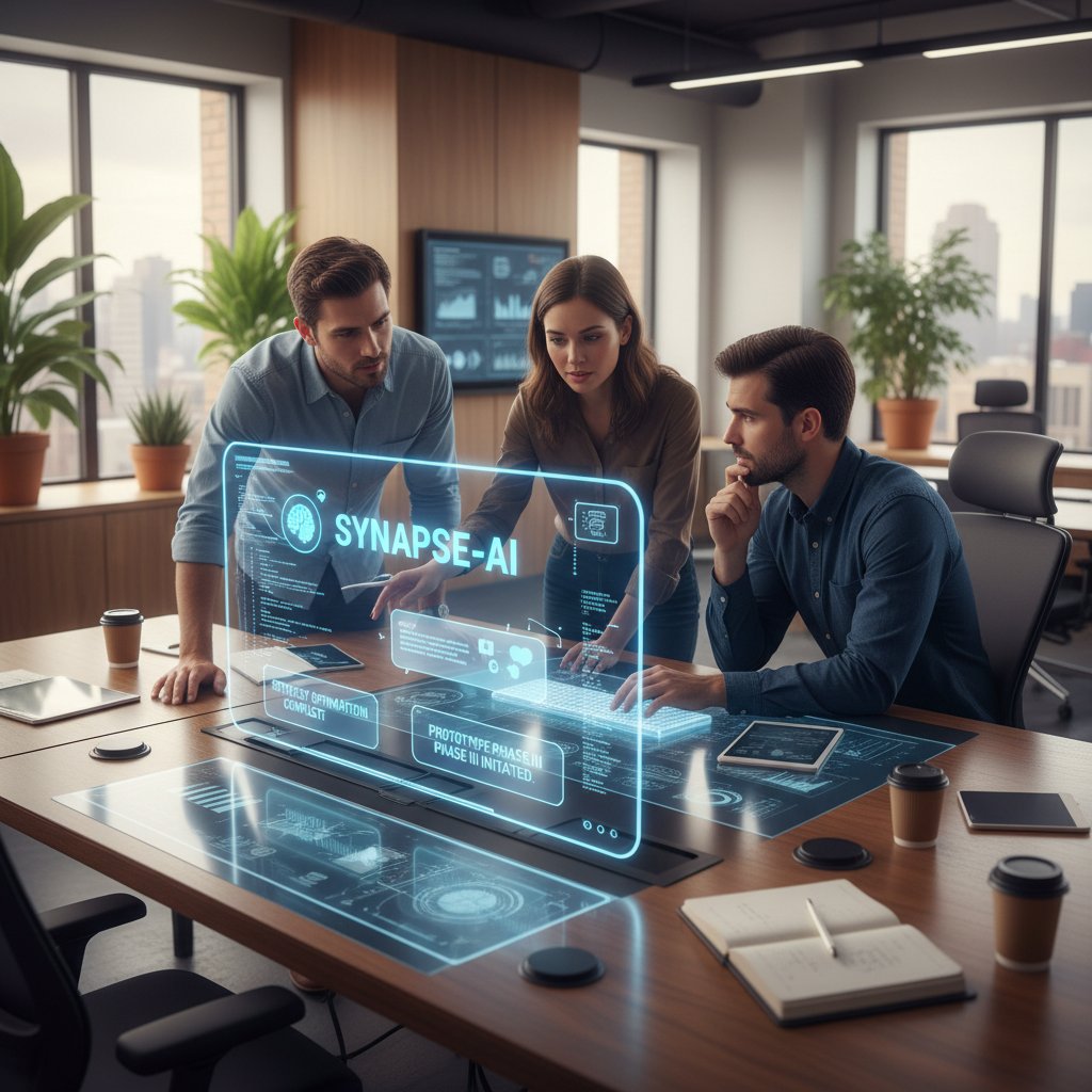 Diverse entrepreneurs collaborating with AI chatbot assistants in a modern workspace, AI for business productivity