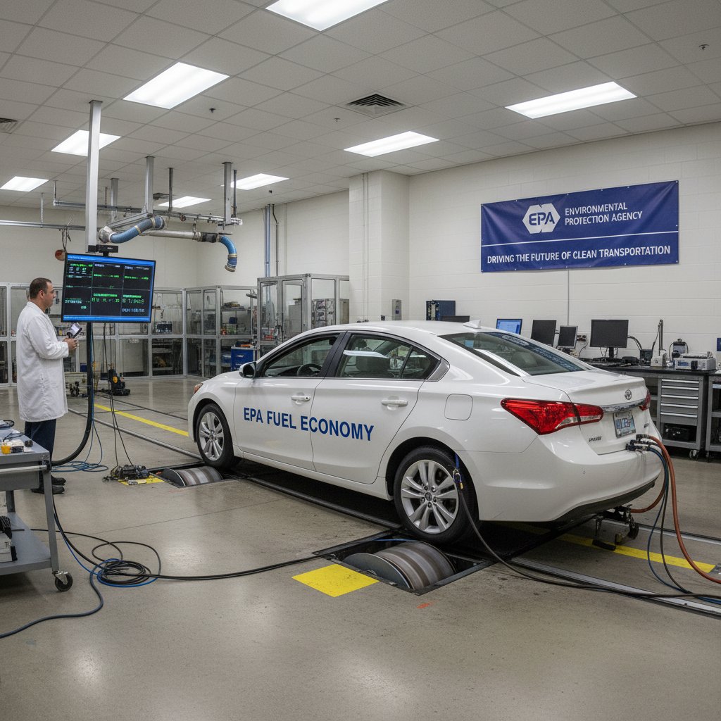 EPA fuel economy testing lab with car on rollers and digital data displayed