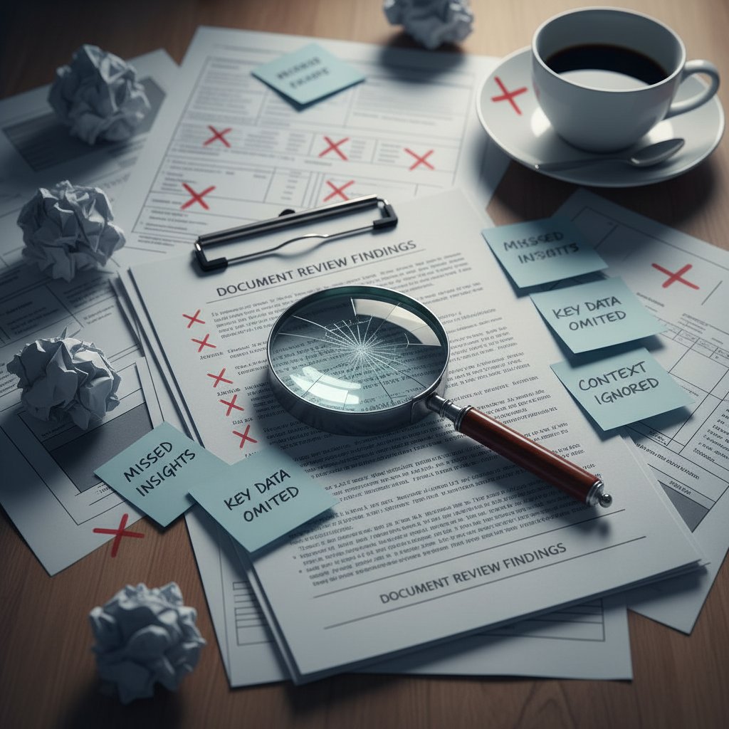 Errors in document review leading to missed insights, broken magnifying glass over documents.