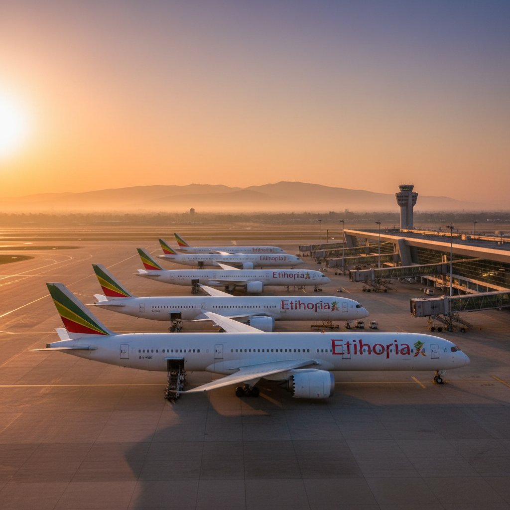 Ethiopian Airlines fleet at sunrise in Addis Ababa. Multiple Ethiopian Airlines jets line up at dawn, Bole International Airport, with city skyline in the background.