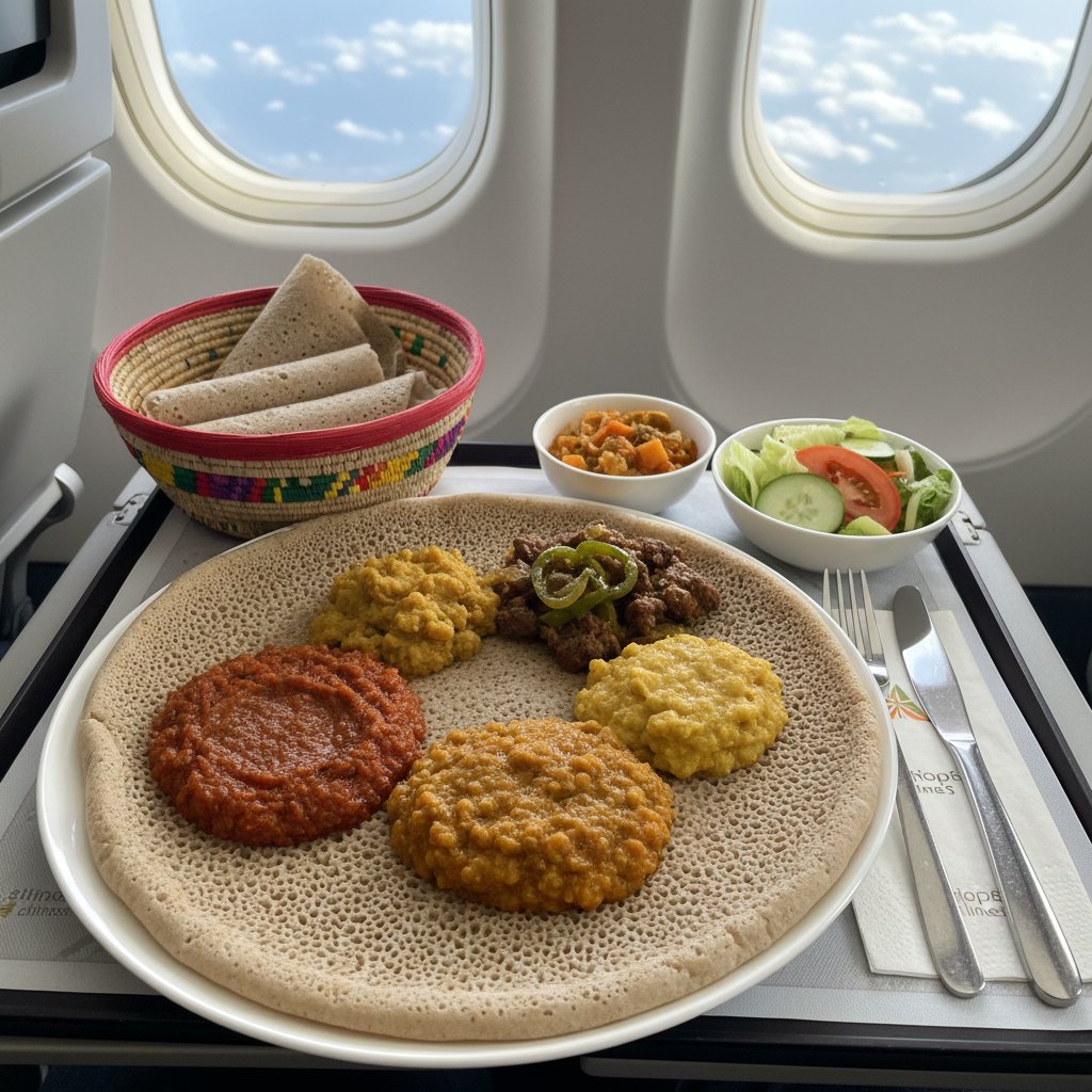 Ethiopian Airlines meal featuring traditional cuisine. Close-up of injera, wot, and fresh fruit served on flight tray.